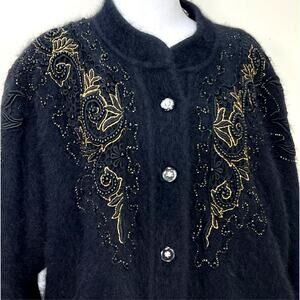 Vintage Belldini Angora Cardigan Medium Black Gold Embellished Beading Lined